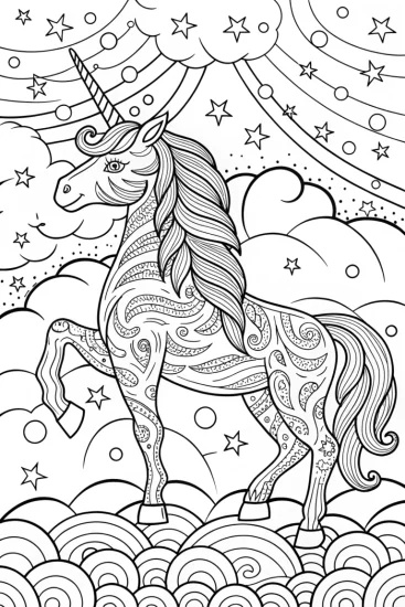 A coloring page of Starry Unicorn Dreamscape Coloring Page