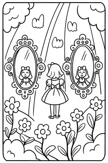 A coloring page of Alice’s Enchanted Mirror Garden Coloring Page