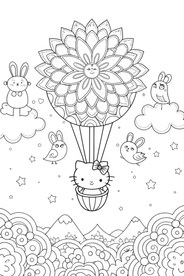 A coloring page of Hello Kitty’s Dreamy Balloon Adventure Coloring Page