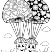 Mushroom Balloon Adventure Coloring Page