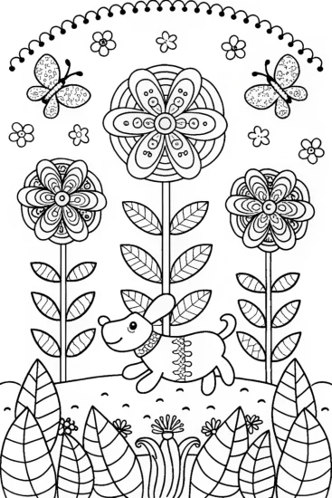 A coloring page of Puppy Adventure in the Garden Coloring Page