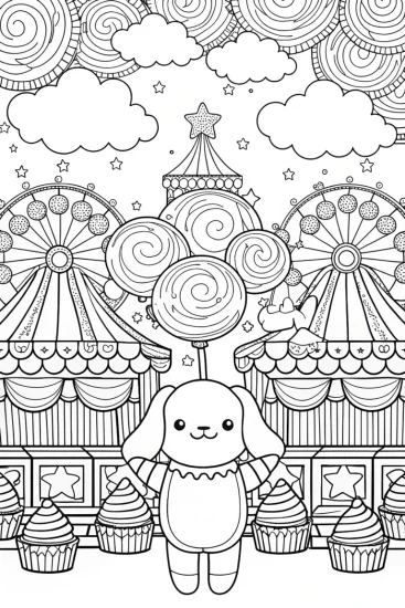 A coloring page of Cinnamoroll’s Cloudy Carnival Adventure Coloring Page