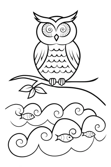 A coloring page of Owl in Waves Coloring Page