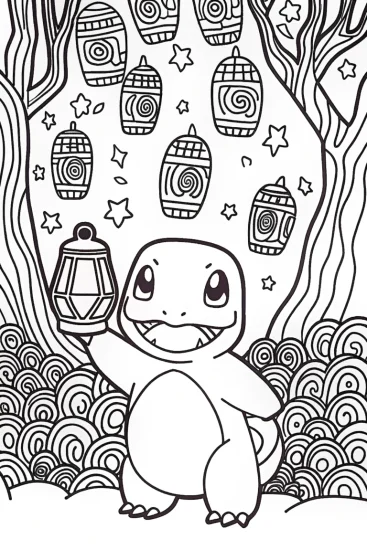 A coloring page of Charmander’s Lantern Adventure Coloring Page