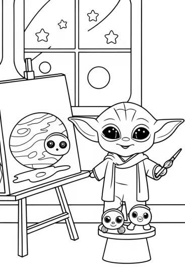 A coloring page of Baby Yoda’s Galactic Art Studio Coloring Page