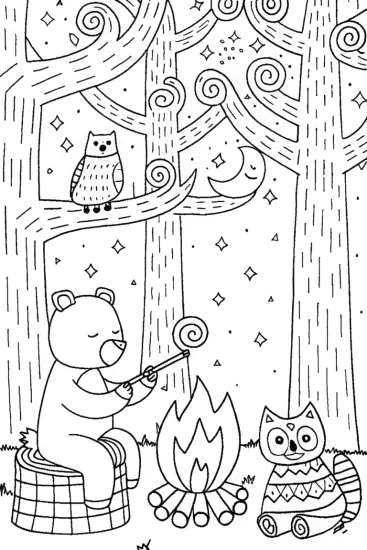 A coloring page of Cozy Campfire Gathering with Bear and Friends