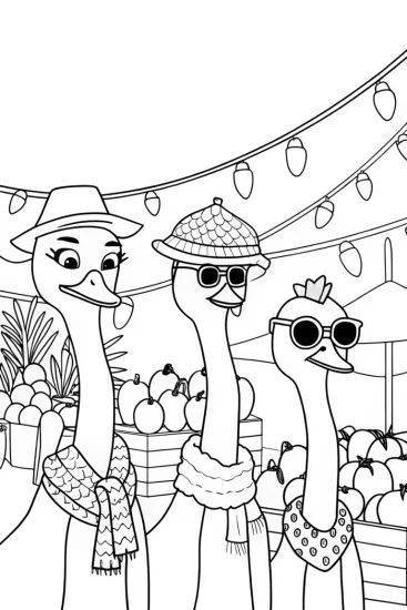A coloring page of Flamingo Fashionistas at the Market