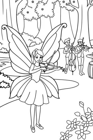 A coloring page of The Fairy Musician and Her Animal Orchestra Coloring Page