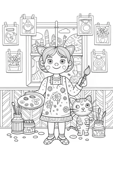 A coloring page of Gabby’s Creative Cat Art Studio Coloring Page