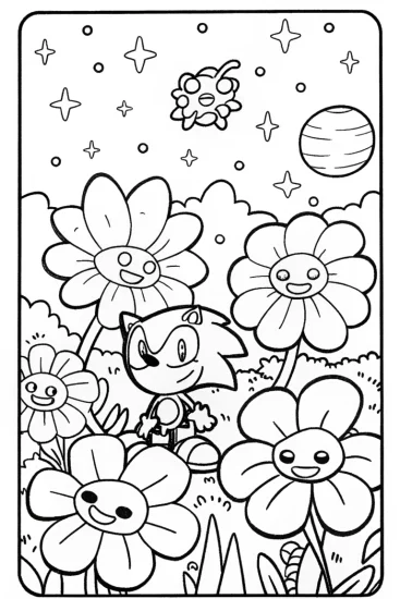 A coloring page of Sonic’s cosmic garden exploration coloring page