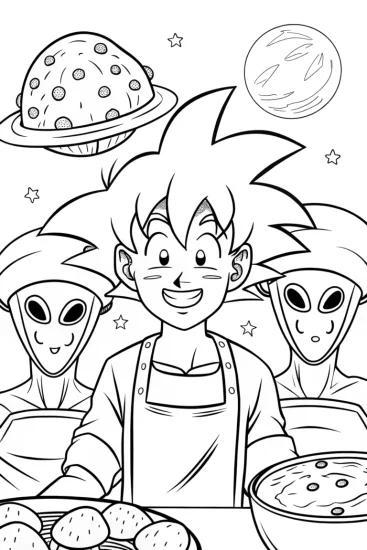 A coloring page of Goku’s Cosmic Cooking Challenge Coloring Page