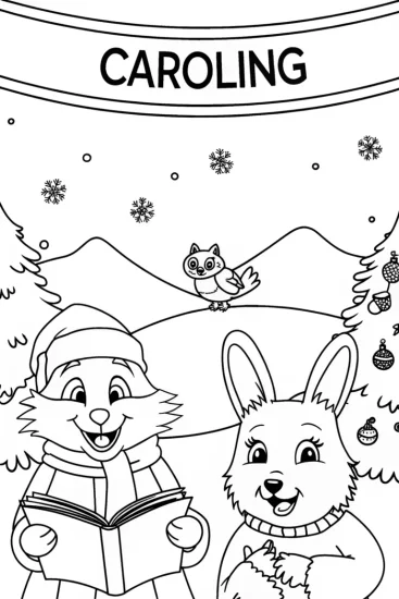 A coloring page of Christmas Critter Carolers Coloring Page