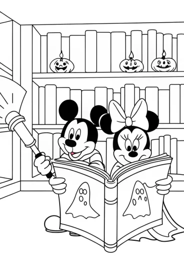A coloring page of Mickey and Minnie’s Enchanted Halloween Librarium