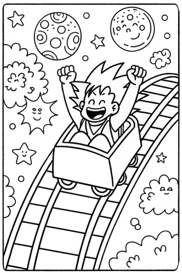 A coloring page of Goku’s Cosmic Rollercoaster Adventure Coloring Page