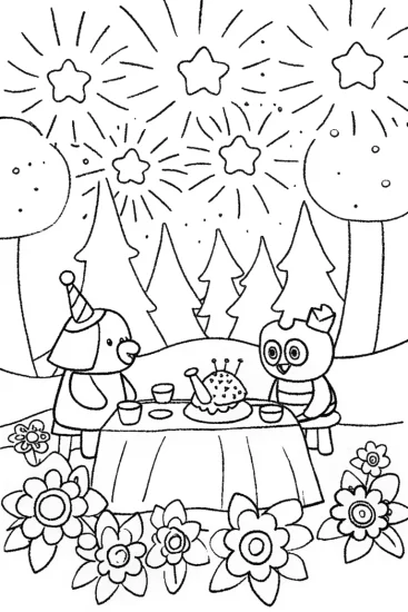 A coloring page of Whimsical Animal Tea Party Coloring Page