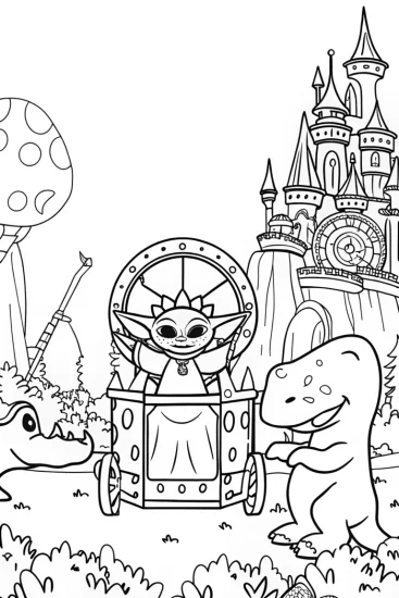 A coloring page of Baby Yoda’s Time-Traveling Adventure Coloring Page