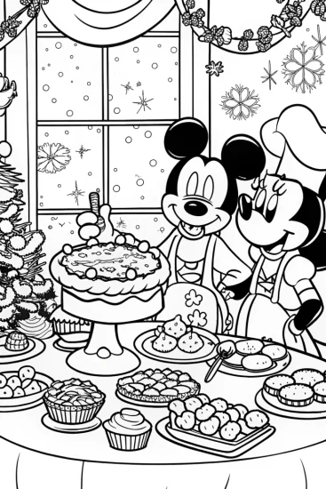 A coloring page of Mickey and Minnie Christmas Feast Coloring Page