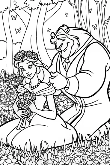 A coloring page of Belle and the Beast Flower Crown Coloring Page