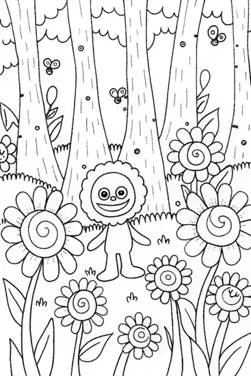 A coloring page of Huggy Wuggy in the magical flower forest