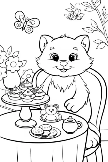 A coloring page of Paws’ Cozy Tea Time Coloring Page