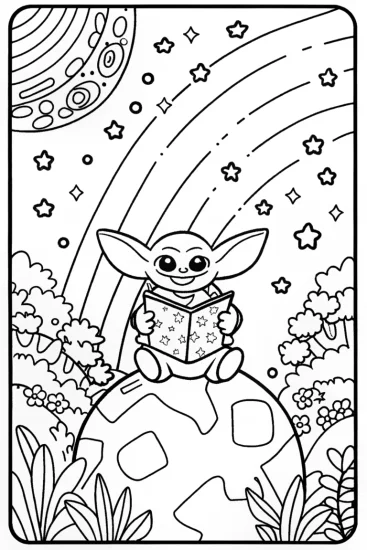 A coloring page of Baby Yoda’s Cosmic Treasure Hunt Coloring Page
