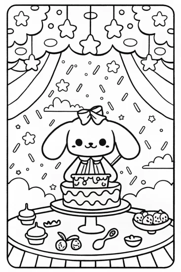 A coloring page of Cinnamoroll’s Dreamy Star Bakery Coloring Page