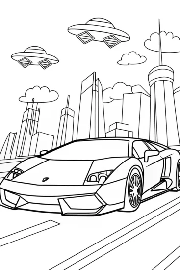 A coloring page of Lamborghini Adventure in a Futuristic City