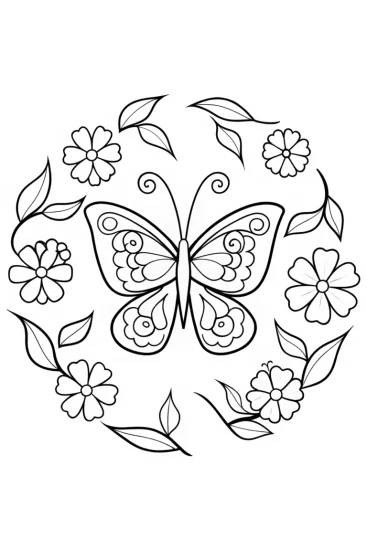 A coloring page of Butterfly Mandala Garden Coloring Page