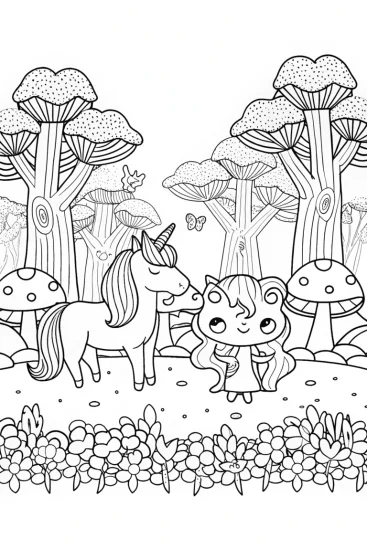 A coloring page of Kuromi’s Enchanted Forest Adventure Coloring Page
