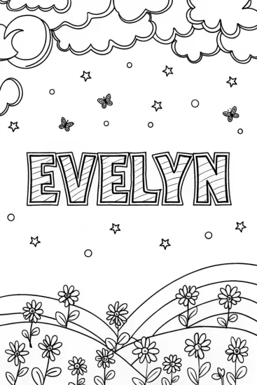 A coloring page of Evelyn’s Cosmic Garden Coloring Page