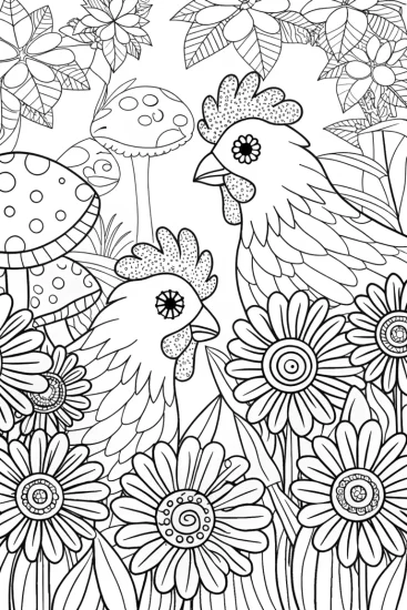 A coloring page of Chickens in the Enchanted Garden Coloring Page