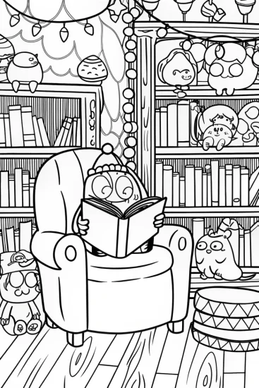 A coloring page of Cupcake Chic’s Magical Library Coloring Page