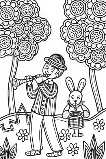 A coloring page of Blippi in the whimsical music garden