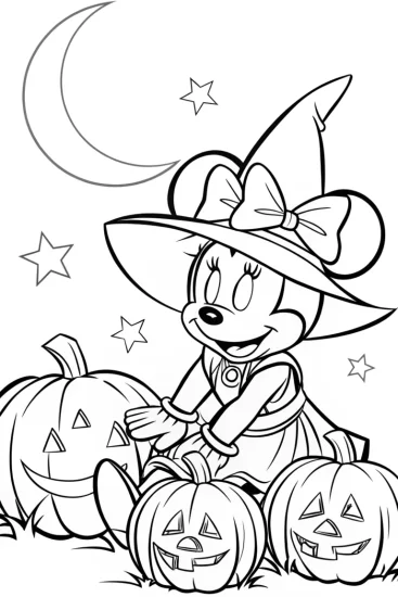 A coloring page of Minnie Mouse’s Halloween Pumpkin Patch Adventure Coloring Page