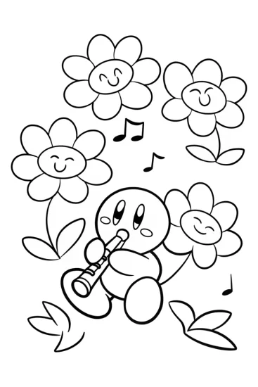 A coloring page of Kirby’s Adventure in the Floating Music Garden