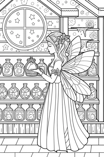 A coloring page of The Fairy’s Secret Recipe Coloring Page