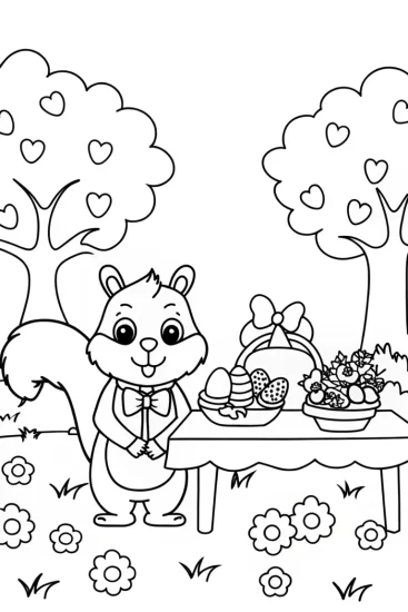 A coloring page of Easter Garden Party with Squirrel and Hedgehog