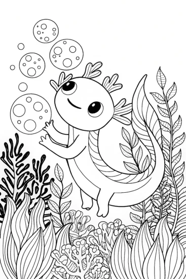 A coloring page of Axolotl Enchanted Bubble Garden Coloring Page