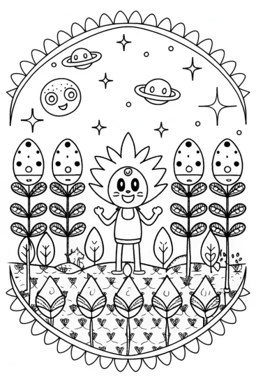 A coloring page of Sonic in a cosmic garden quest