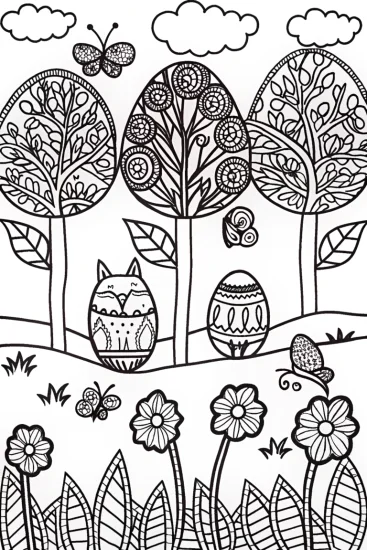A coloring page of Easter Egg Fantasy Garden Coloring Page