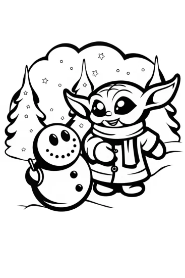 A coloring page of Baby Yoda’s Winter Wonderland Coloring Page