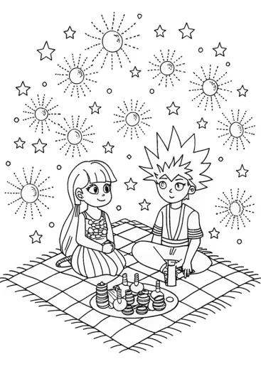 A coloring page of Dreamy Starlight Picnic Coloring Page