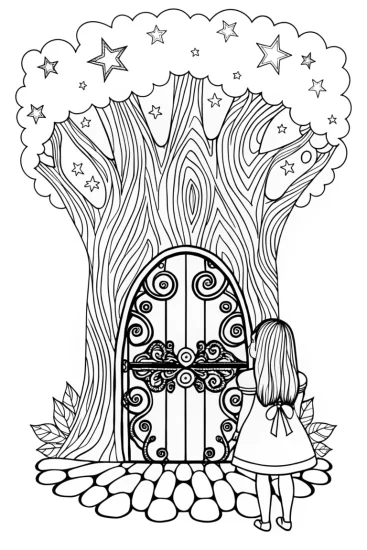 A coloring page of Alice’s Enchanted Doorway Coloring Page