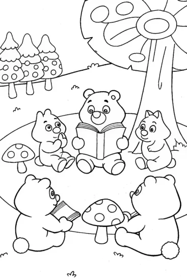 A coloring page of Care Bear Storytime in the Enchanted Woods