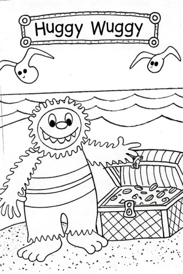 A coloring page of Huggy Wuggy’s Treasure Hunt Coloring Page