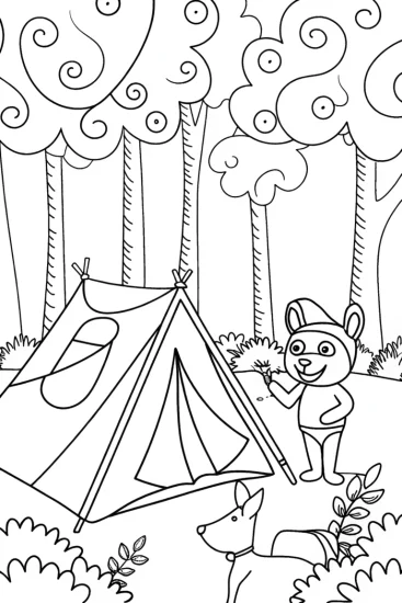 A coloring page of Bear’s Camping Adventure Coloring Page