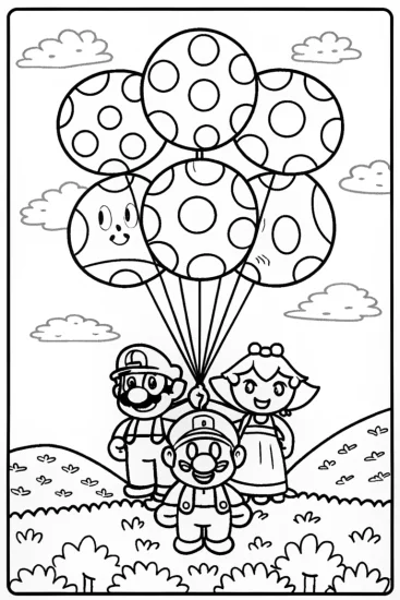 A coloring page of Mario’s Whimsical Balloon Adventure Coloring Page