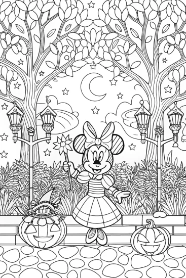 A coloring page of Minnie Mouse’s Enchanted Costume Party Coloring Page