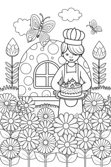 A coloring page of Butterfly Baker in a Flower Bakery Coloring Page