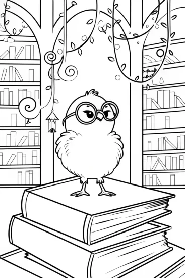 A coloring page of Chick’s Adventure in the Enchanted Library Coloring Page